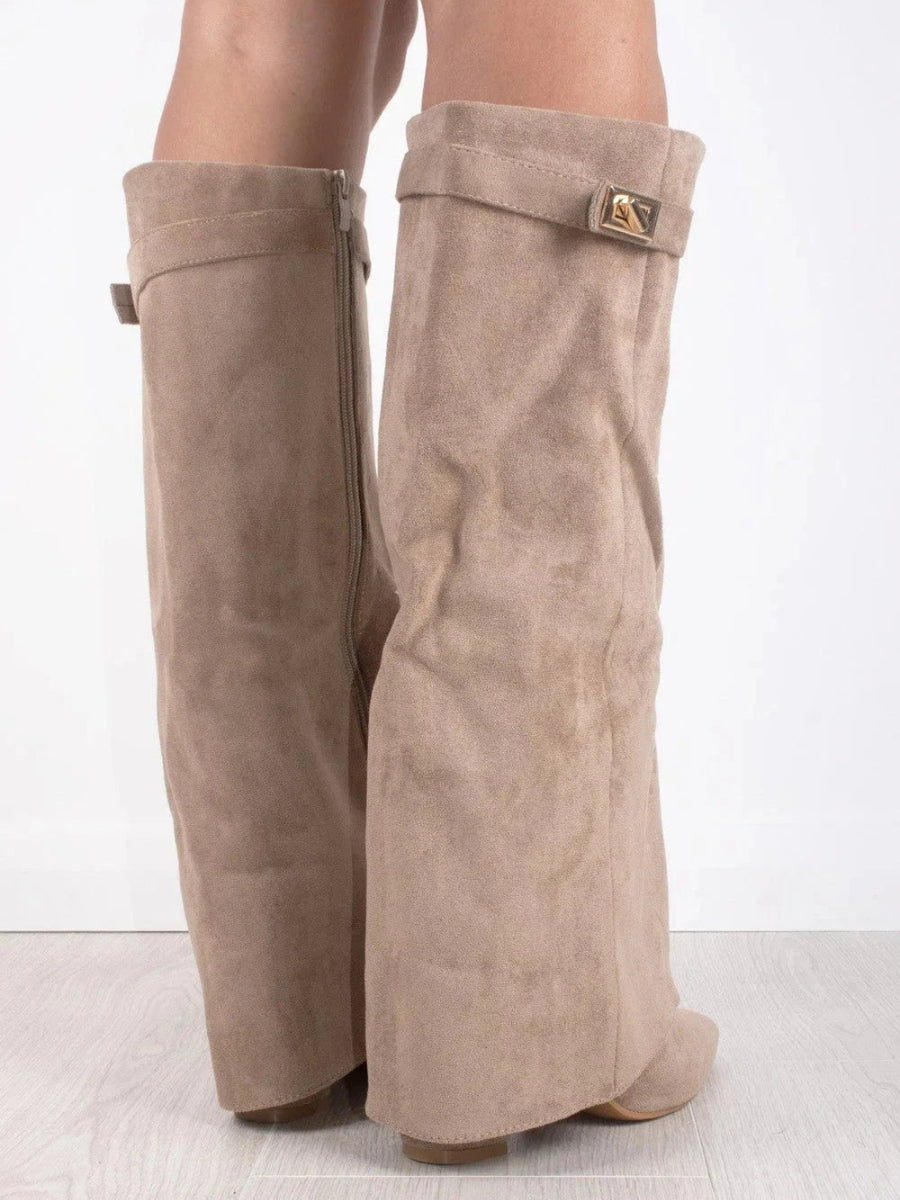 Wide Leg Leather Heeled Boots | Folded Design | Versatile Footwear for Casual or Dressy Occasions