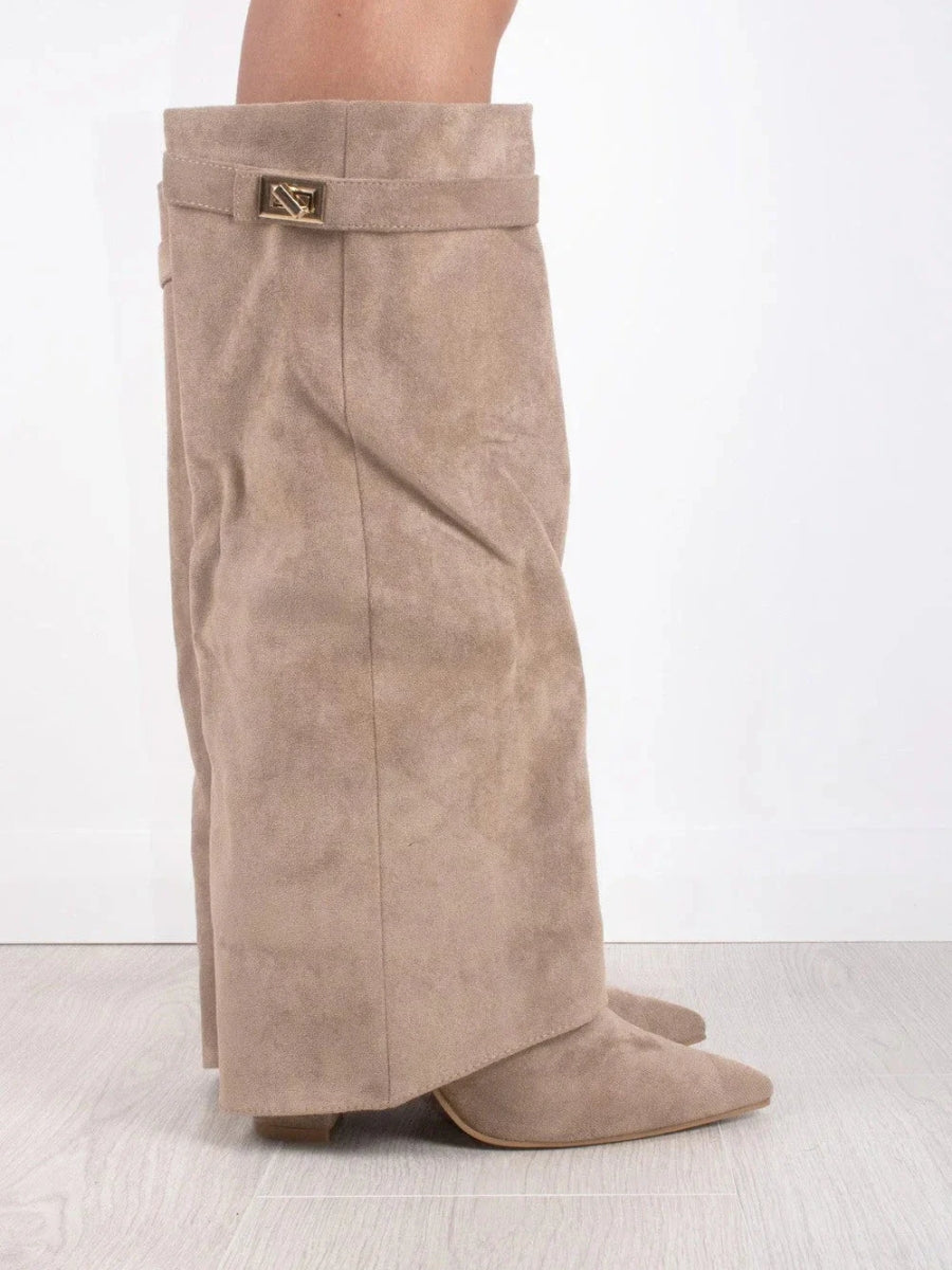 Wide Leg Leather Heeled Boots | Folded Design | Versatile Footwear for Casual or Dressy Occasions