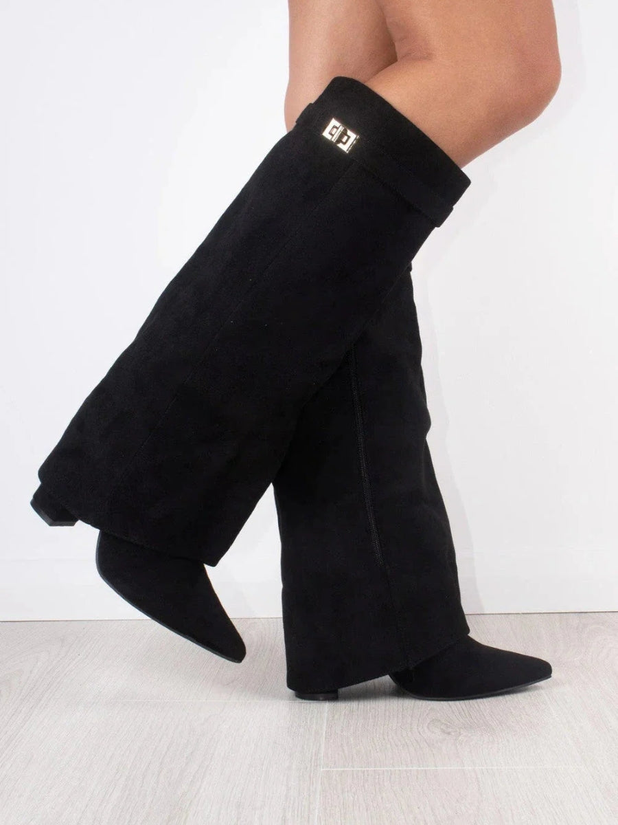 Wide Leg Leather Heeled Boots | Folded Design | Versatile Footwear for Casual or Dressy Occasions