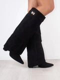 Wide Leg Leather Heeled Boots | Folded Design | Versatile Footwear for Casual or Dressy Occasions