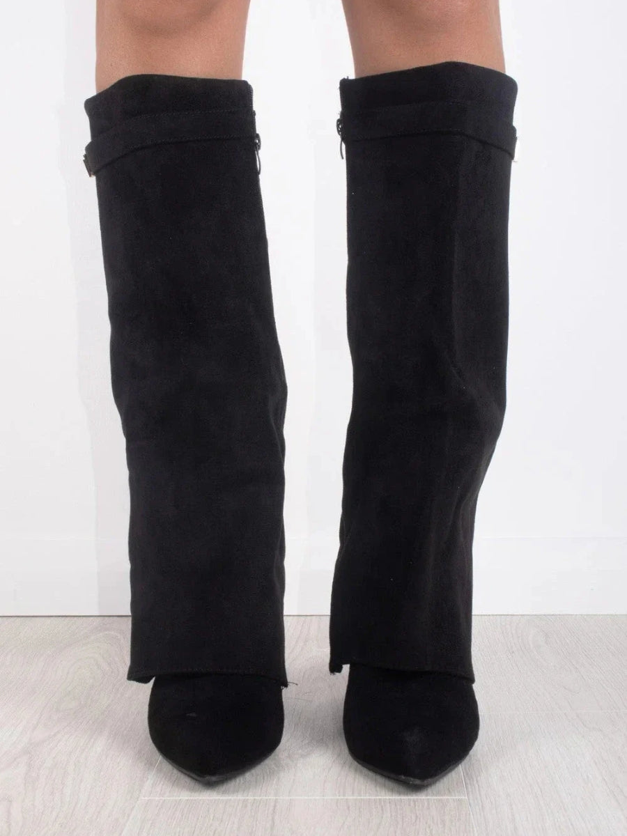Wide Leg Leather Heeled Boots | Folded Design | Versatile Footwear for Casual or Dressy Occasions