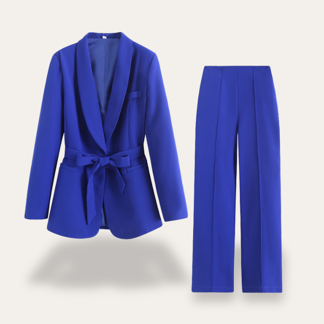 Women's Lightweight Belted Blazer and Wide Leg Trousers Set for Professional Office Wear