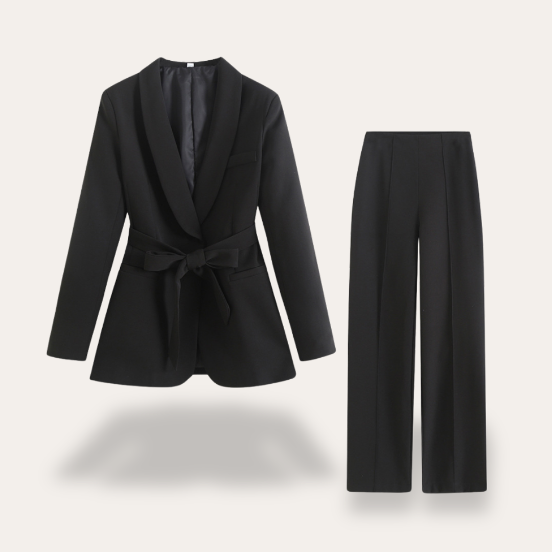 Women's Lightweight Belted Blazer and Wide Leg Trousers Set for Professional Office Wear