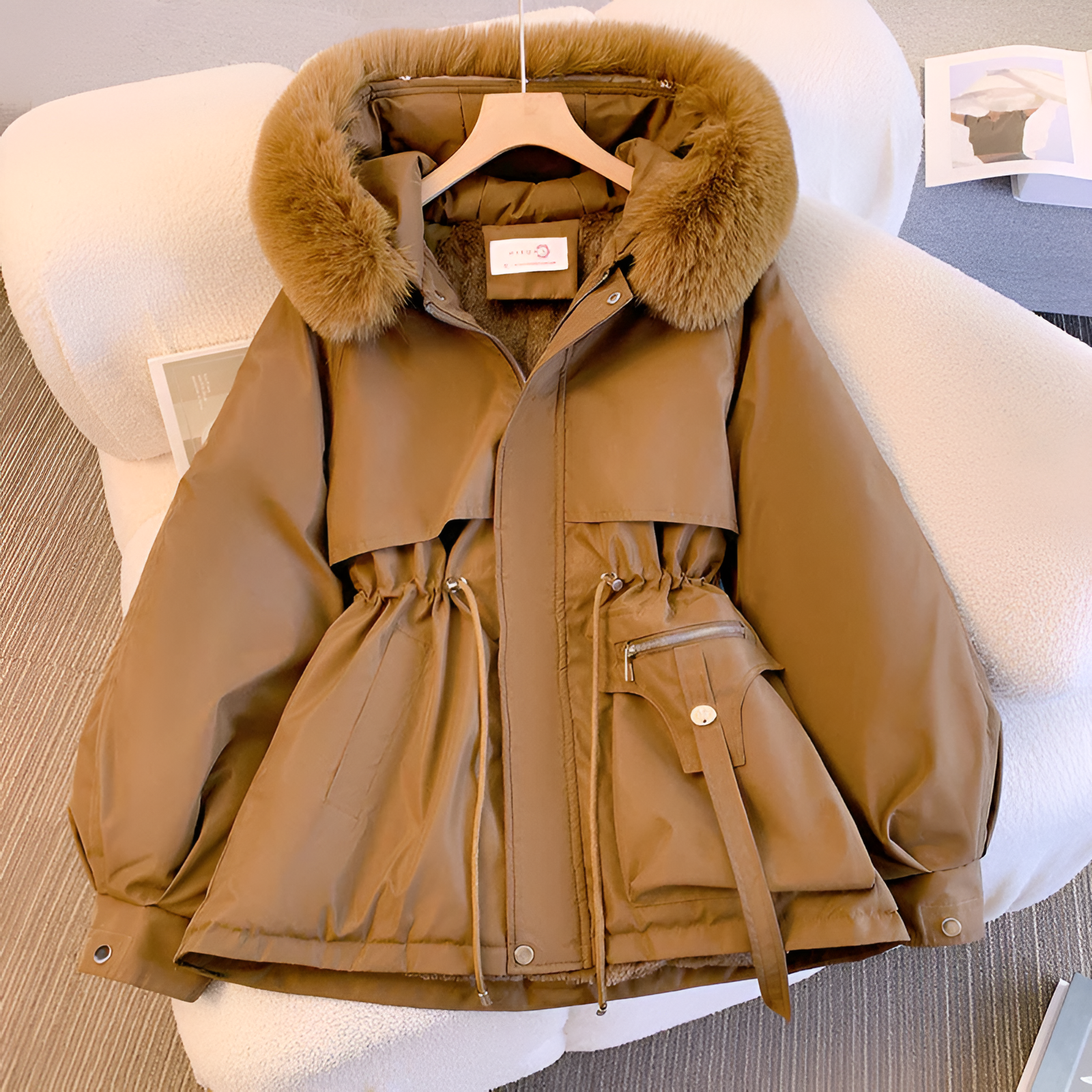 Women's Winter Coat with Drawstring Waist - Warm Casual Outerwear for Everyday Wear