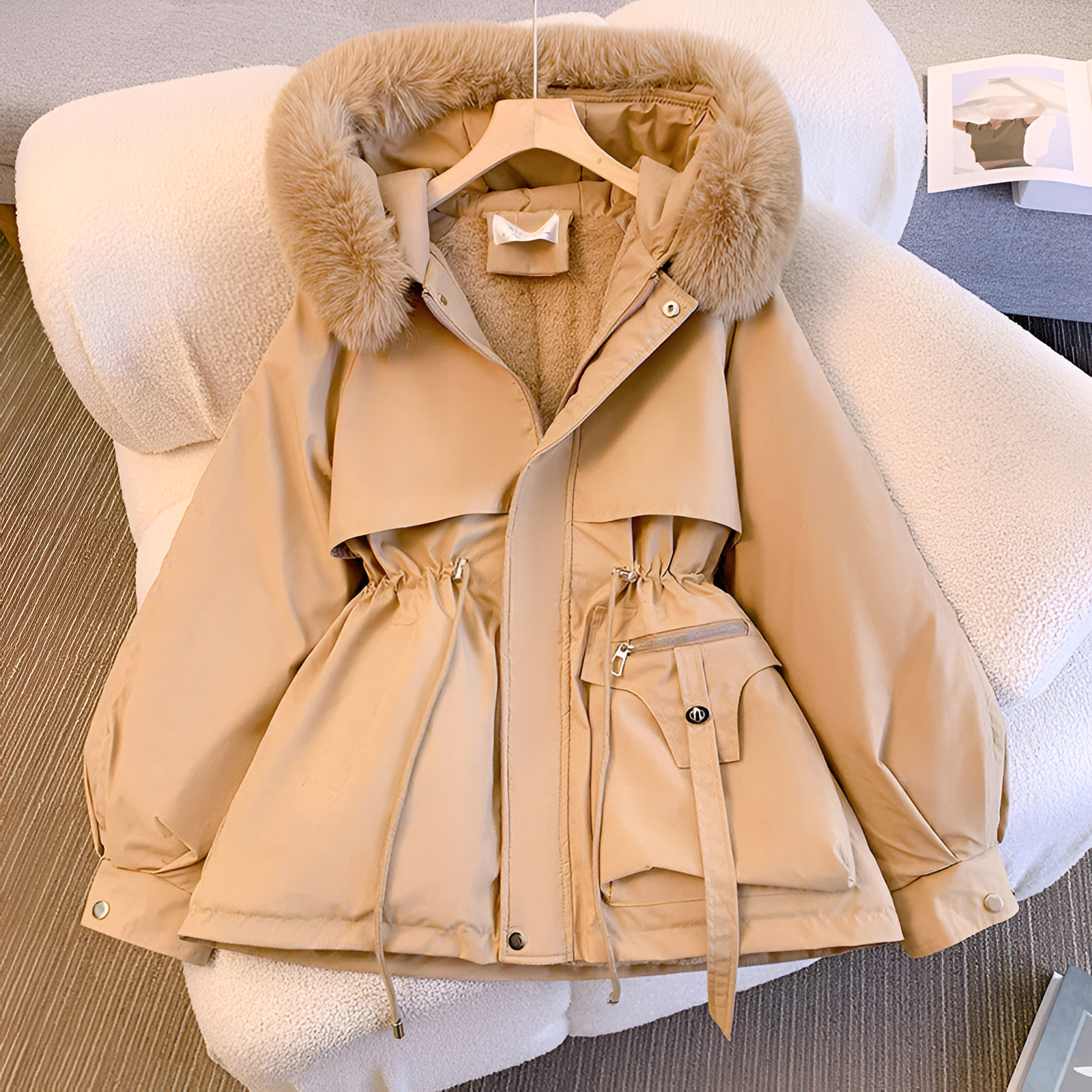 Women's Winter Coat with Drawstring Waist - Warm Casual Outerwear for Everyday Wear