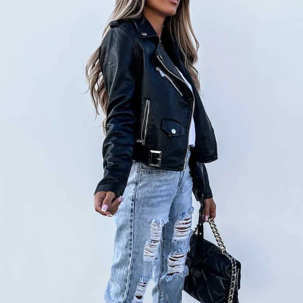 Women's Faux Leather Biker Jacket | Classic Zipper Design | Casual Motorcycle Outerwear for Everyday Wear