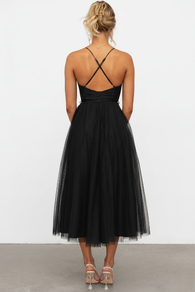 Women's Corset Midi Dress with Tulle Skirt for Formal Events and Special Occasions