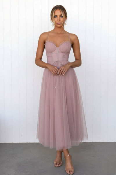 Women's Corset Midi Dress with Tulle Skirt for Formal Events and Special Occasions