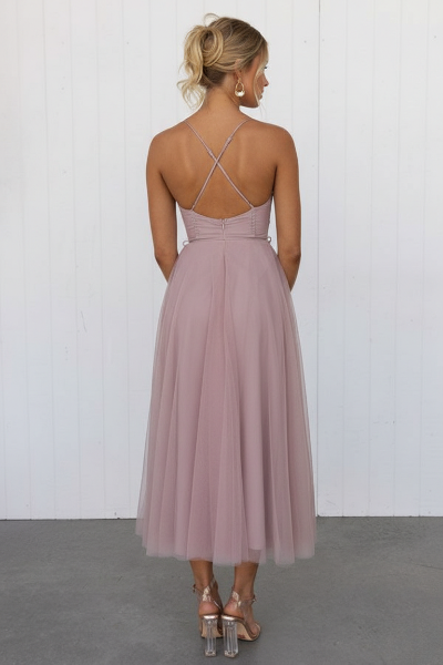 Women's Corset Midi Dress with Tulle Skirt for Formal Events and Special Occasions