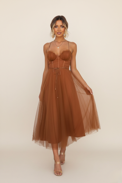 Women's Corset Midi Dress with Tulle Skirt for Formal Events and Special Occasions