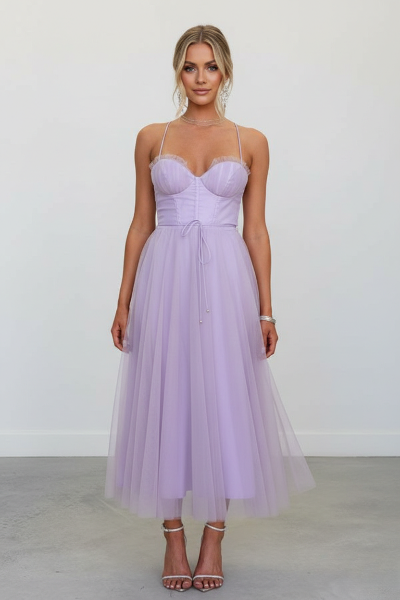 Women's Corset Midi Dress with Tulle Skirt for Formal Events and Special Occasions