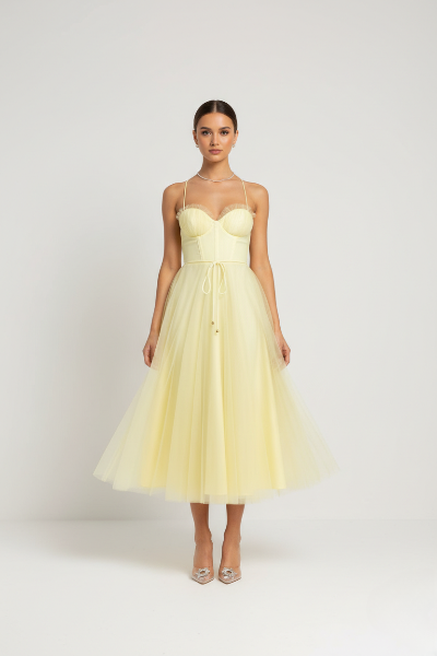 Women's Corset Midi Dress with Tulle Skirt for Formal Events and Special Occasions