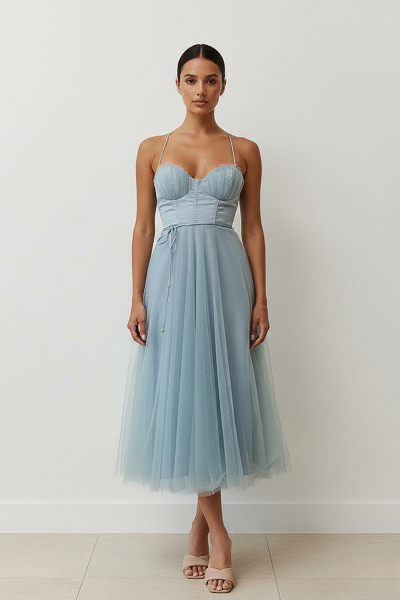 Women's Corset Midi Dress with Tulle Skirt for Formal Events and Special Occasions