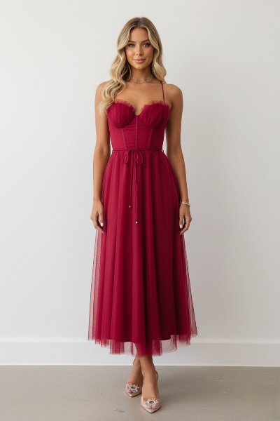 Women's Corset Midi Dress with Tulle Skirt for Formal Events and Special Occasions