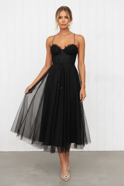 Women's Corset Midi Dress with Tulle Skirt for Formal Events and Special Occasions