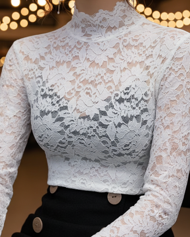 Lace High-Neck Blouse for Women | Elegant Spring Fashion Top | Versatile for Casual or Dressy Occasions