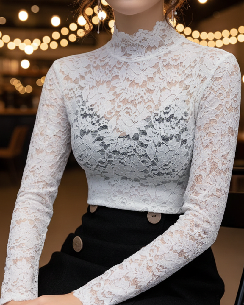 Lace High-Neck Blouse for Women | Elegant Spring Fashion Top | Versatile for Casual or Dressy Occasions