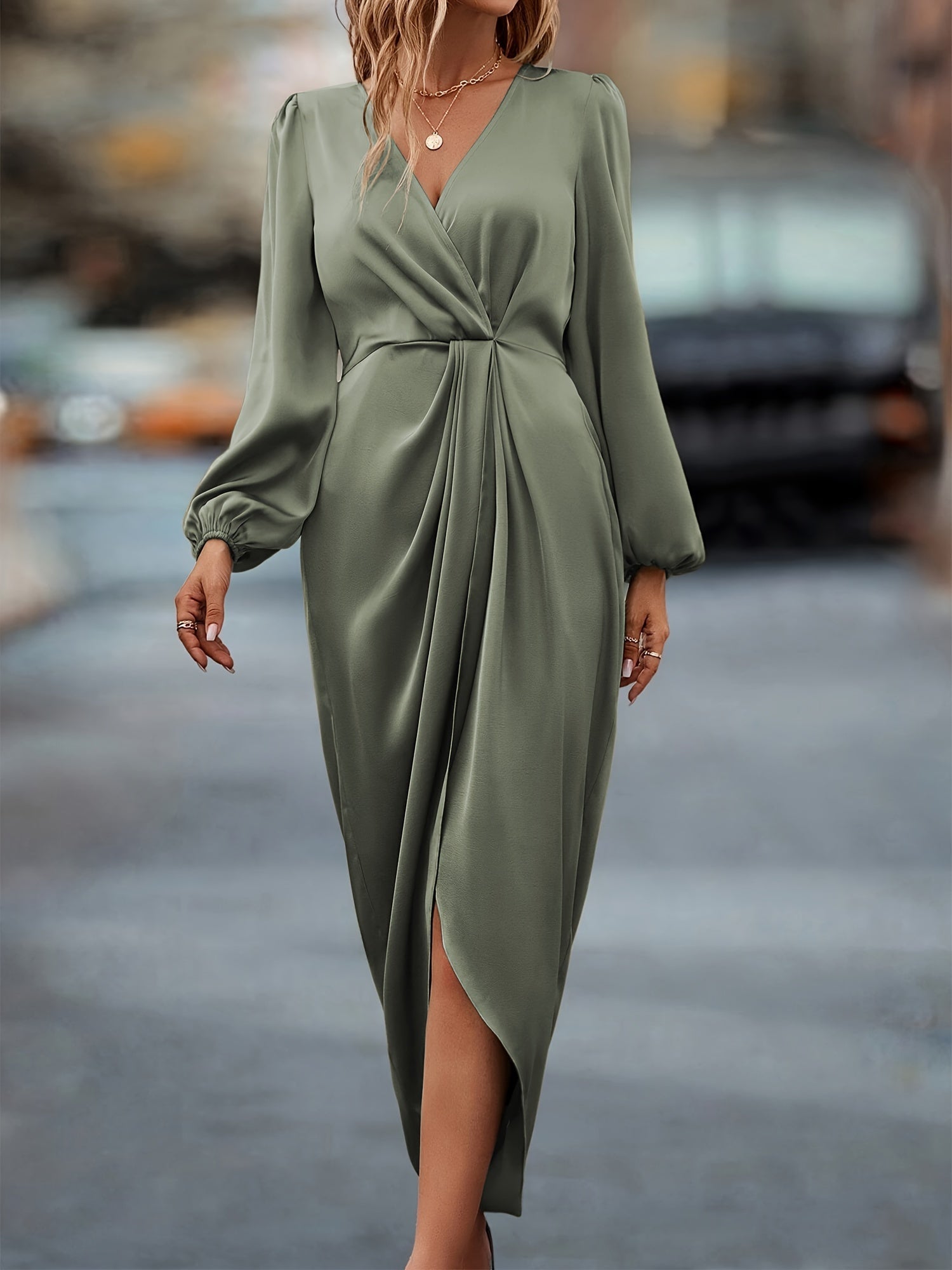 Women's Midi Wrap Dress in Soft Fabric - Long Sleeve Casual or Formal Wear