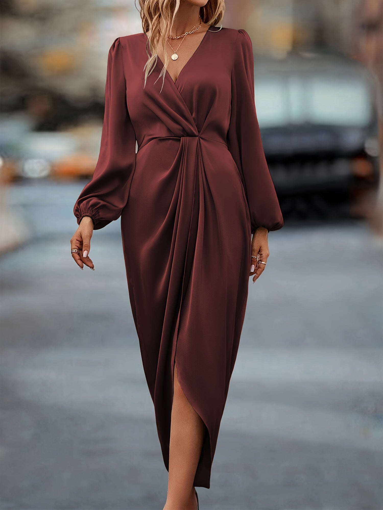 Women's Midi Wrap Dress in Soft Fabric - Long Sleeve Casual or Formal Wear