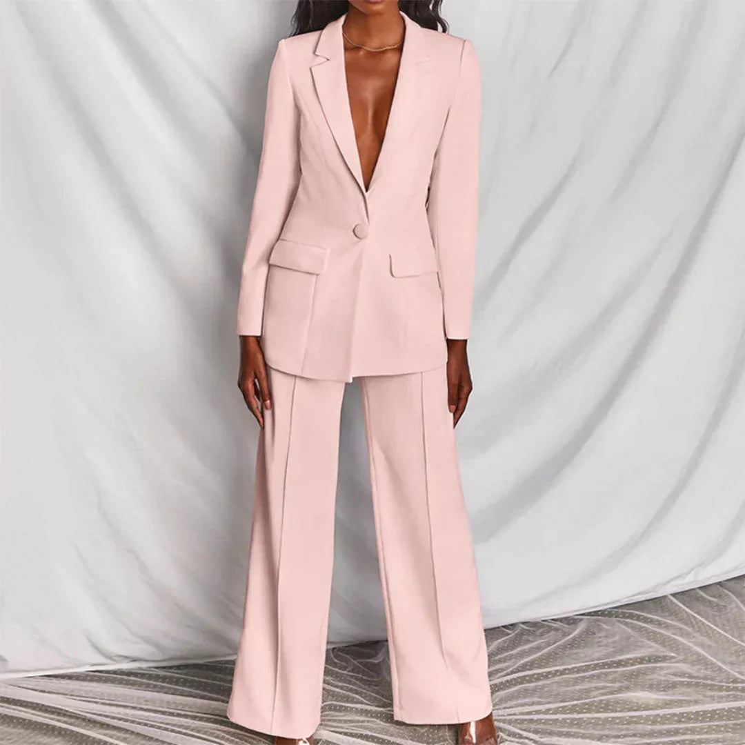 Women's Longline Blazer and Wide-Leg Trouser Suit | Structured Design for Office and Formal Wear