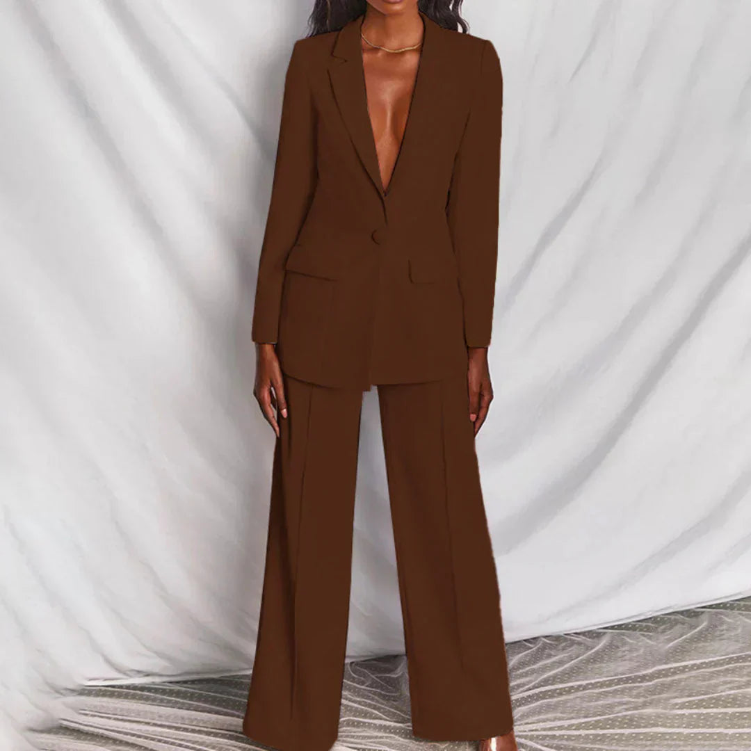Women's Longline Blazer and Wide-Leg Trouser Suit | Structured Design for Office and Formal Wear