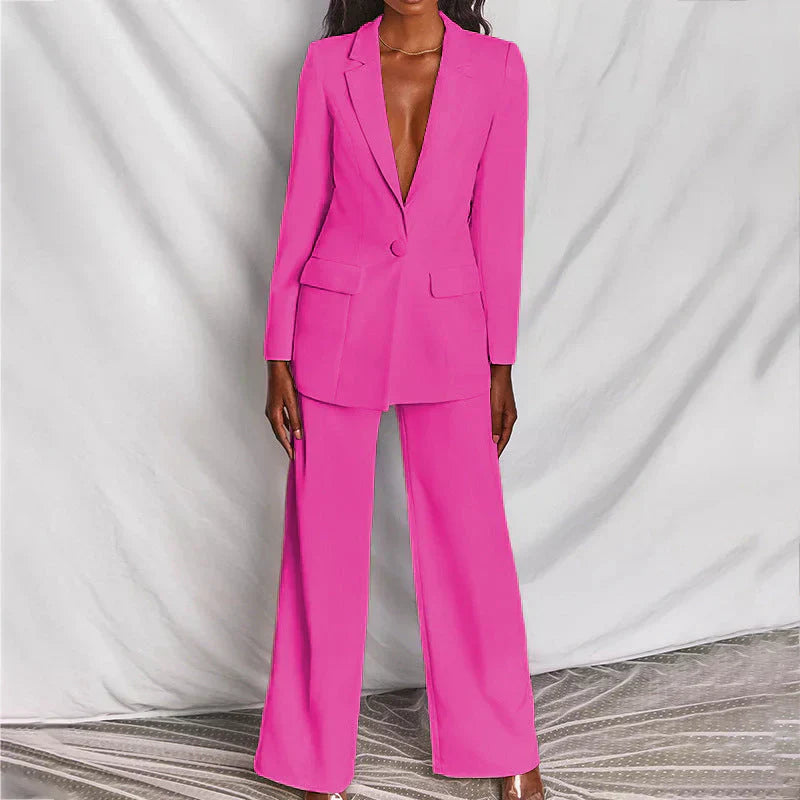 Women's Longline Blazer and Wide-Leg Trouser Suit | Structured Design for Office and Formal Wear