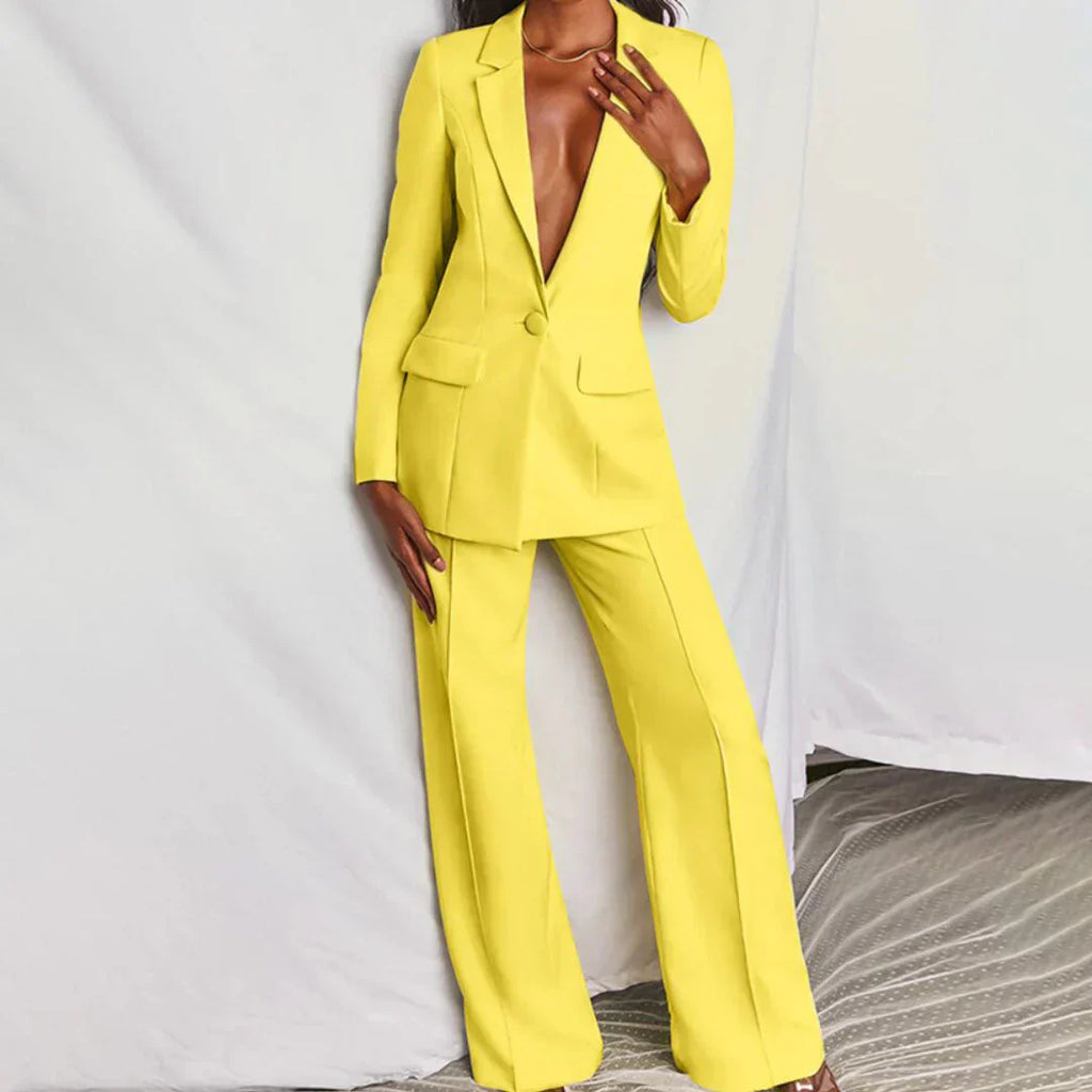 Women's Longline Blazer and Wide-Leg Trouser Suit | Structured Design for Office and Formal Wear