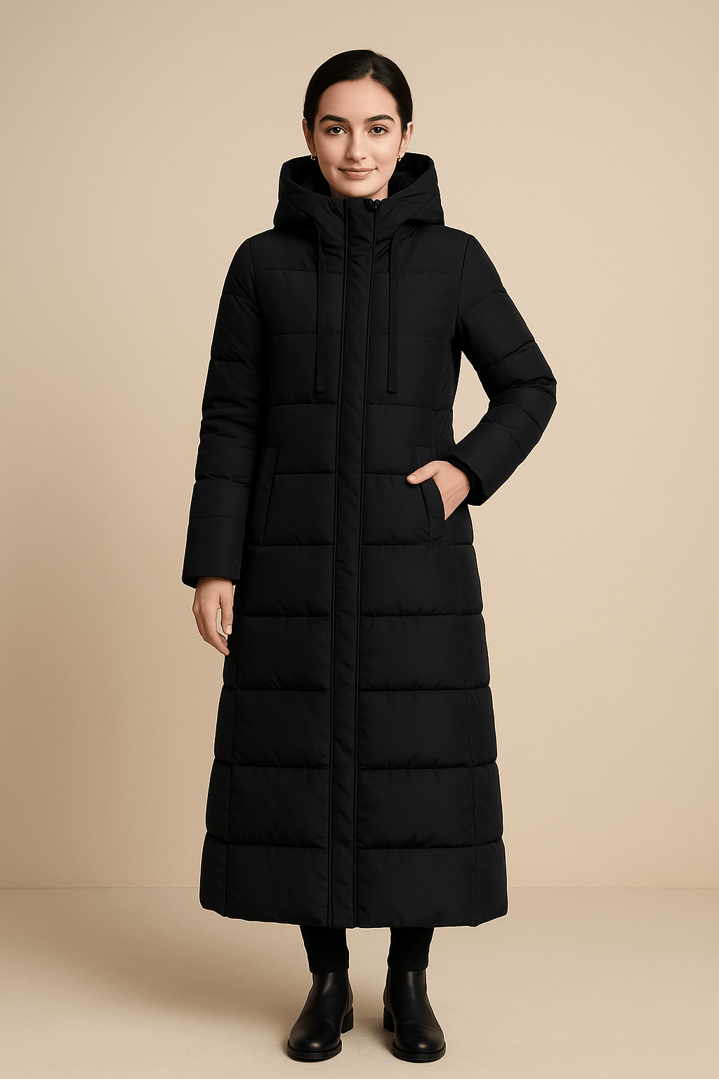 Women's Quilted Puffer Coat - High Collar, Full Zip - Cold Weather Outerwear