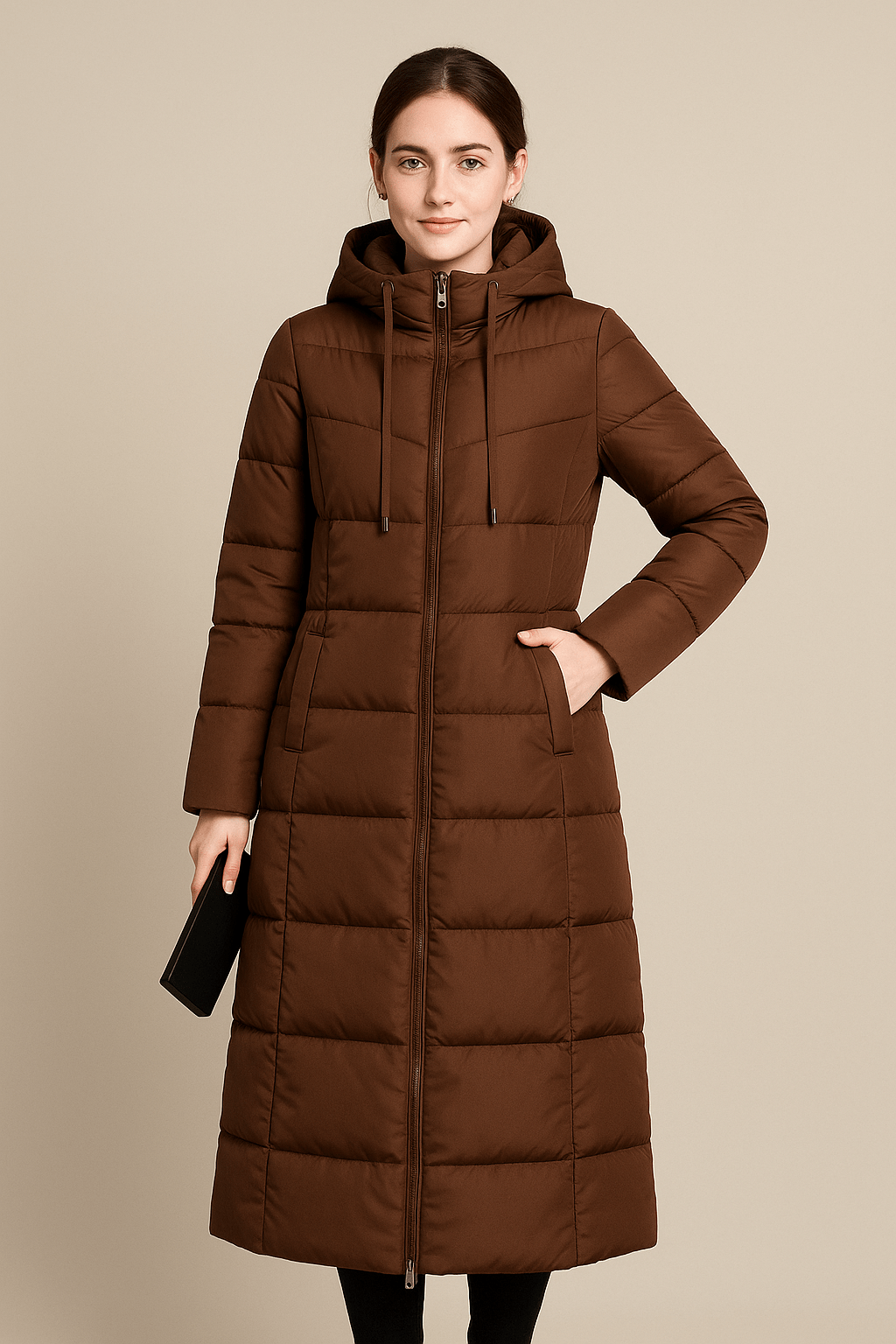 Women's Quilted Puffer Coat - High Collar, Full Zip - Cold Weather Outerwear