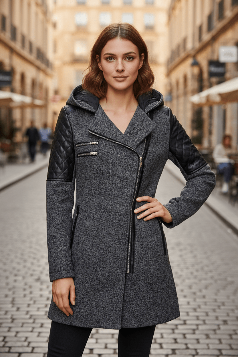 Women's Quilted Sleeve Tailored Jacket with Asymmetrical Zip Hood for Casual Everyday Wear