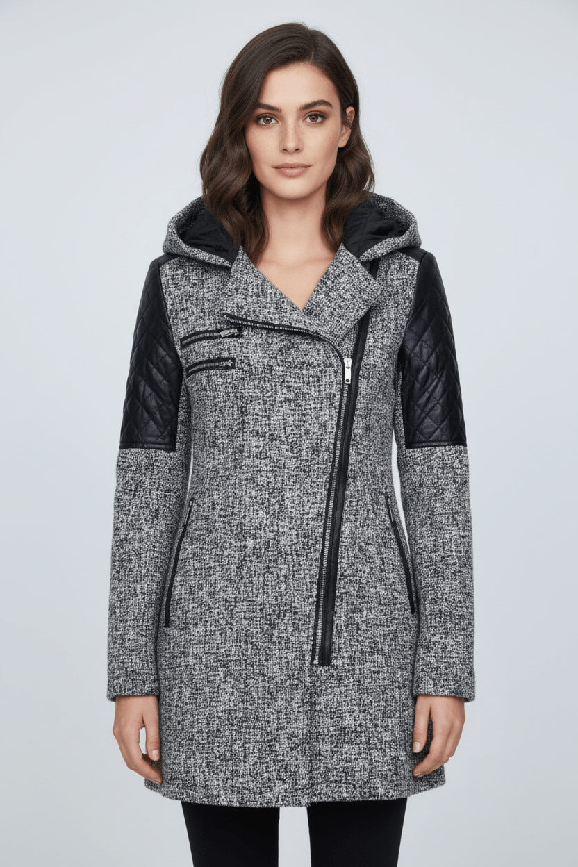 Women's Quilted Sleeve Tailored Jacket with Asymmetrical Zip Hood for Casual Everyday Wear