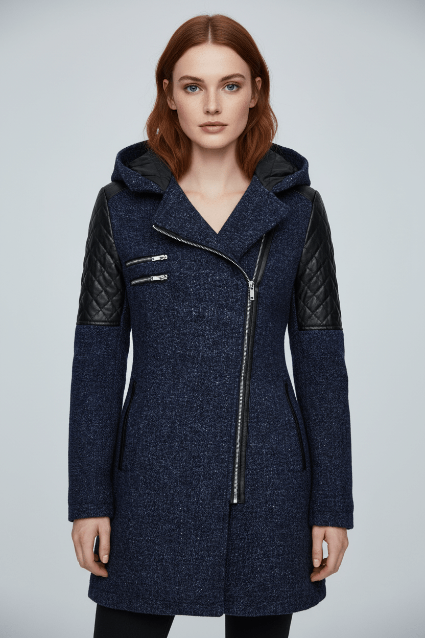 Women's Quilted Sleeve Tailored Jacket with Asymmetrical Zip Hood for Casual Everyday Wear