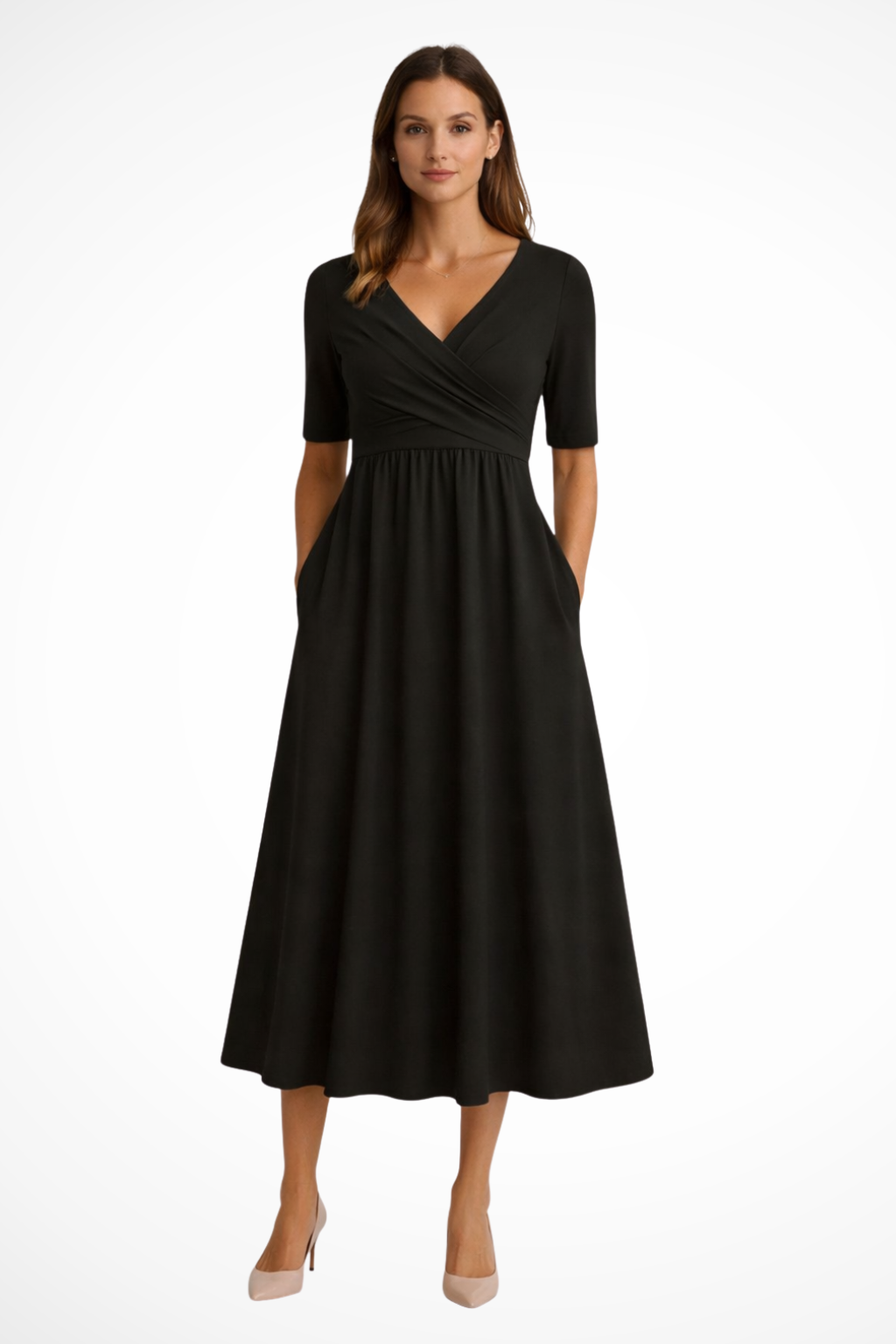 Women's Short Sleeve Wrap Front Midi Dress - Casual Everyday Wear