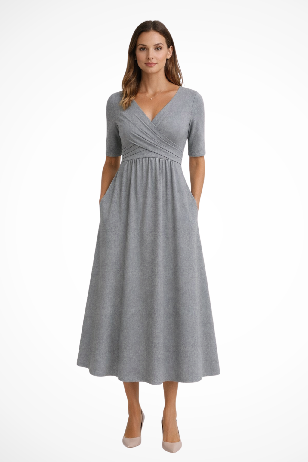 Women's Short Sleeve Wrap Front Midi Dress - Casual Everyday Wear