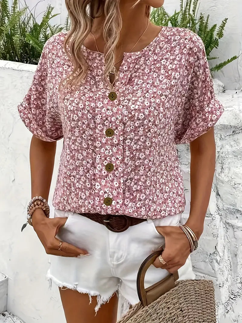 Women's Lightweight Cotton Short Sleeve Button-Up Blouse for Casual Summer Everyday Wear