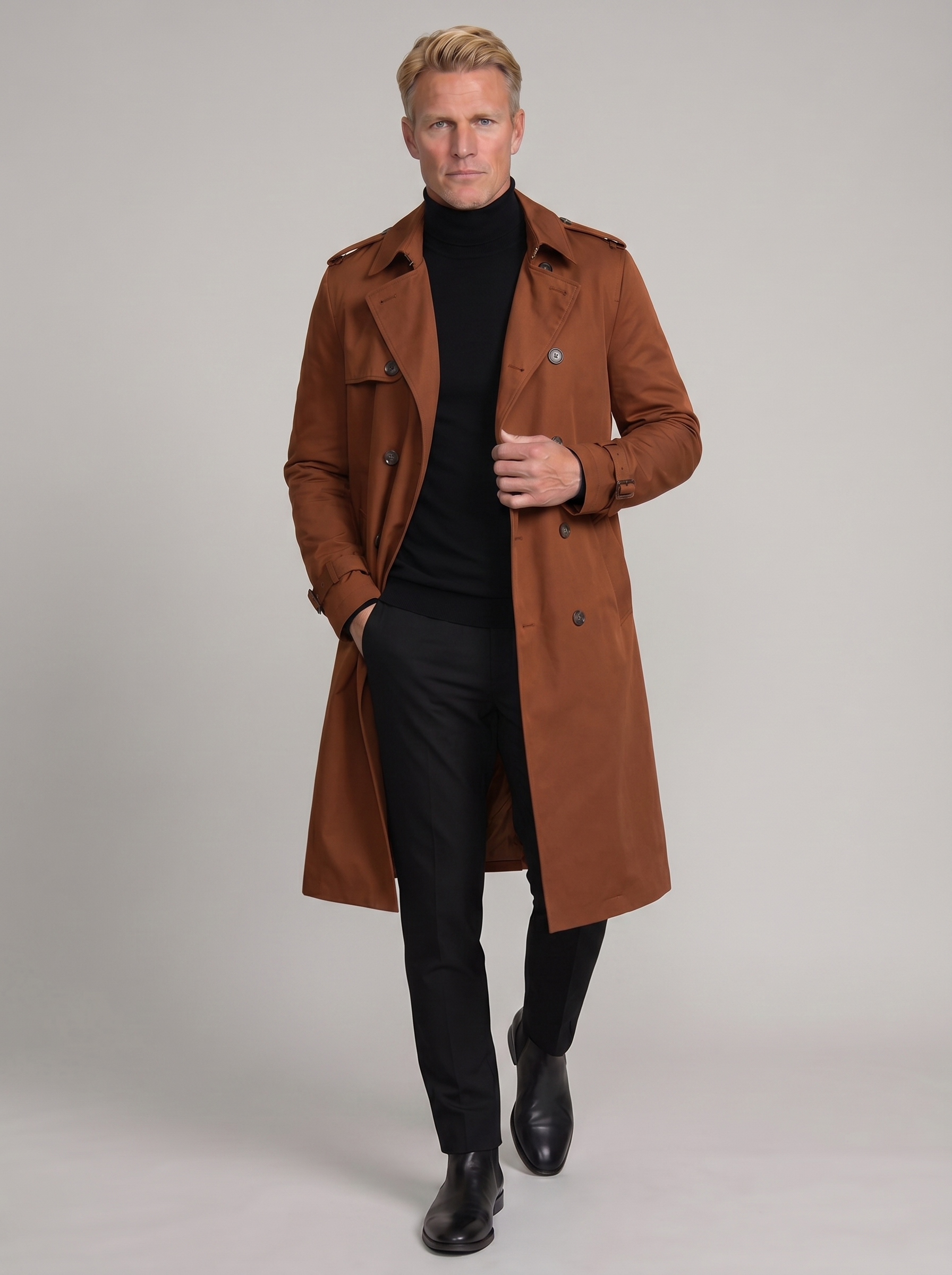 Men's Belted Trench Coat - Elegant Design, Versatile Outerwear for Casual and Formal Wear, All-Season Style