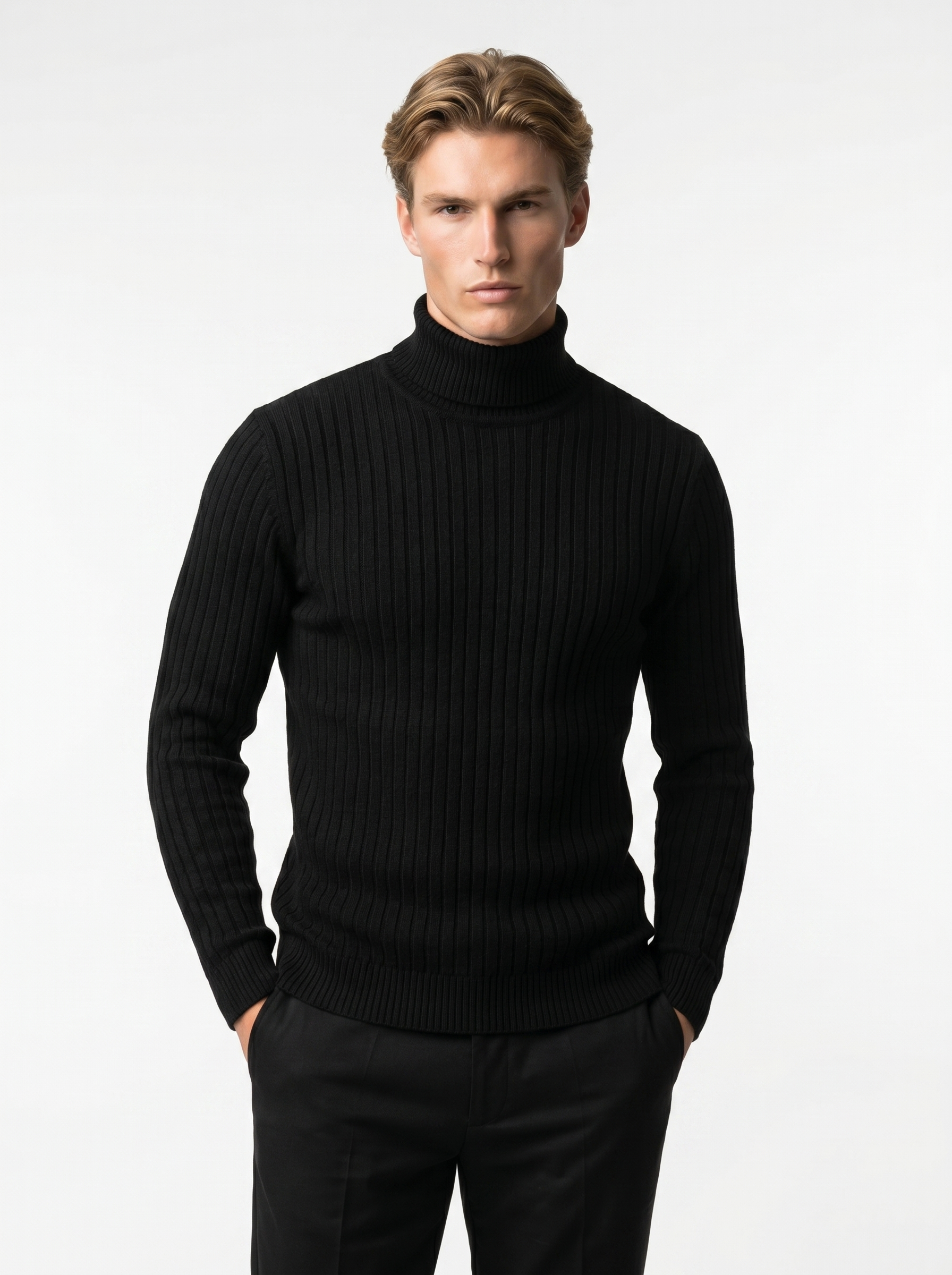Men's Wool Turtleneck Sweater - Cable Knit Design, Slim Fit for Casual or Formal Wear