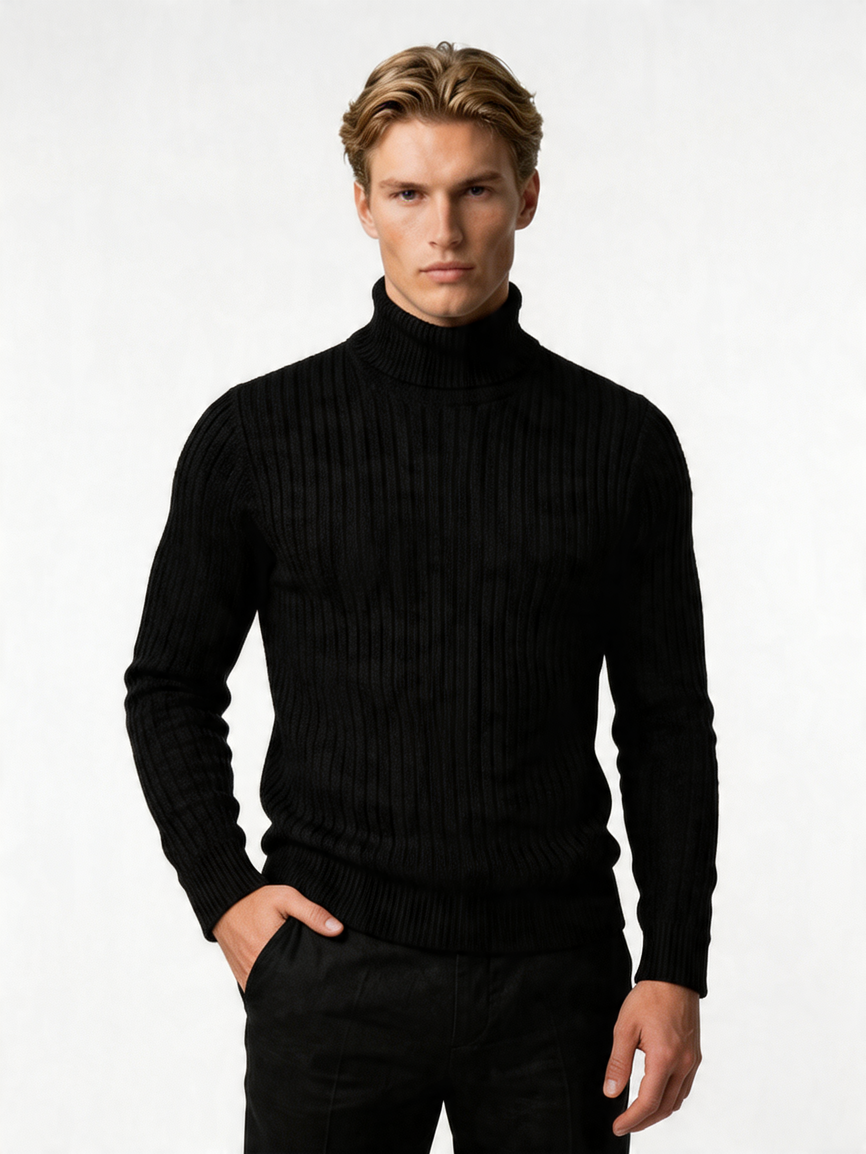 Men's Wool Turtleneck Sweater - Cable Knit Design, Slim Fit for Casual or Formal Wear