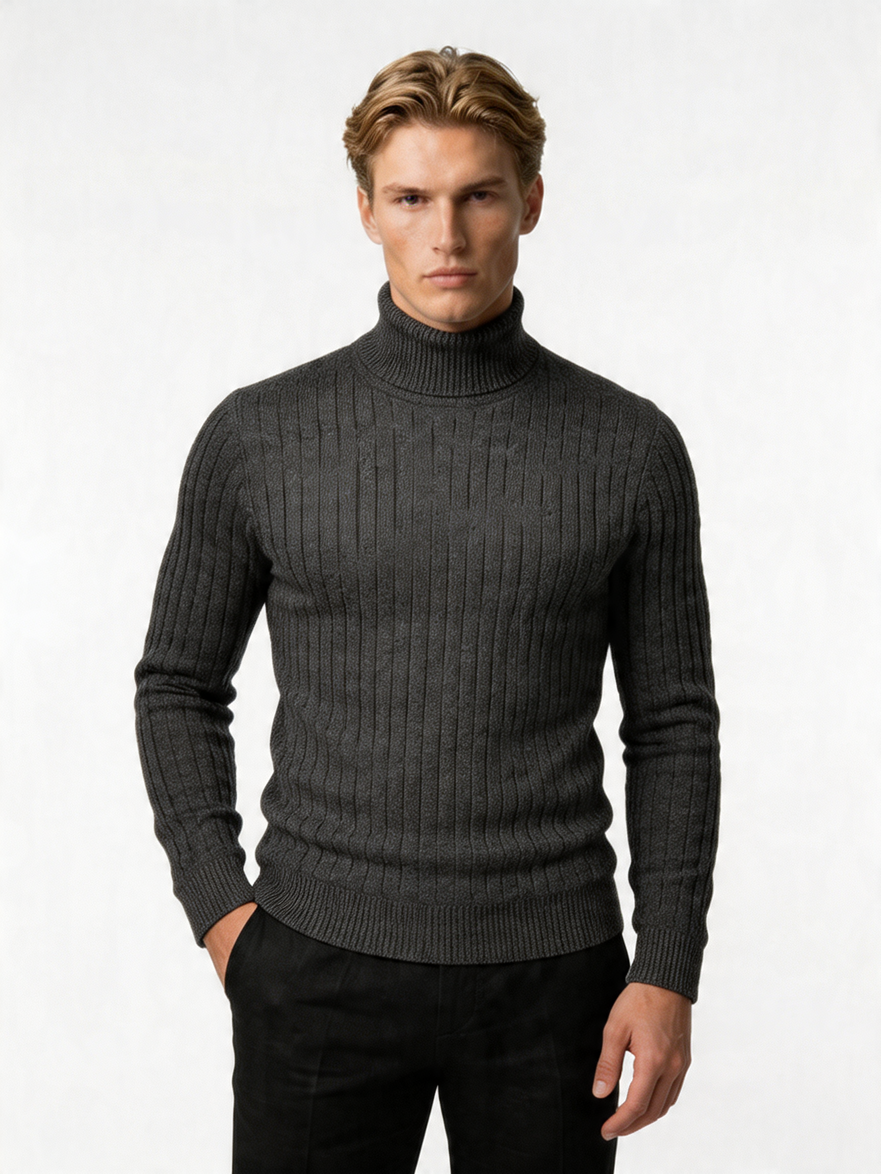 Men's Wool Turtleneck Sweater - Cable Knit Design, Slim Fit for Casual or Formal Wear