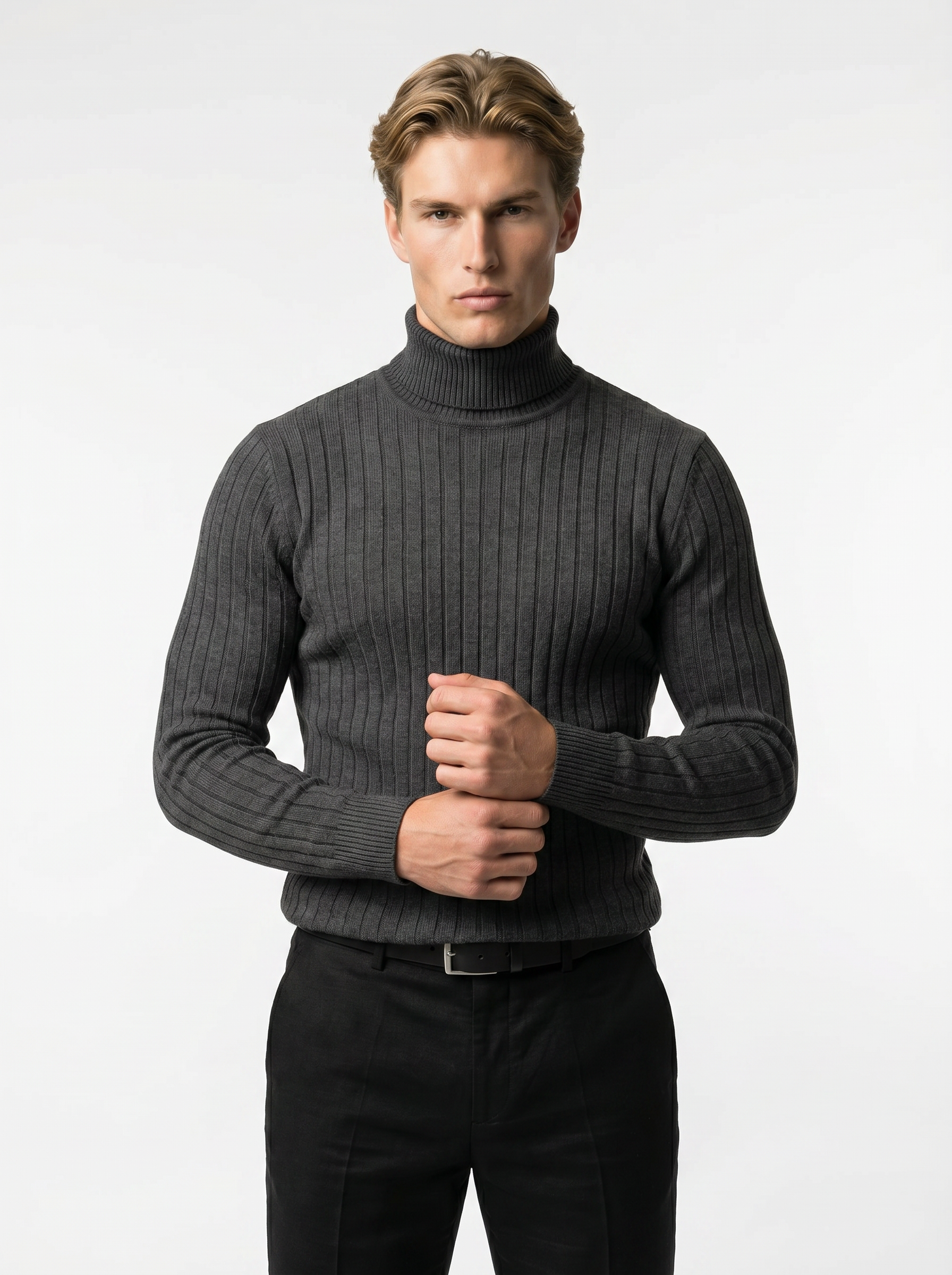 Men's Wool Turtleneck Sweater - Cable Knit Design, Slim Fit for Casual or Formal Wear