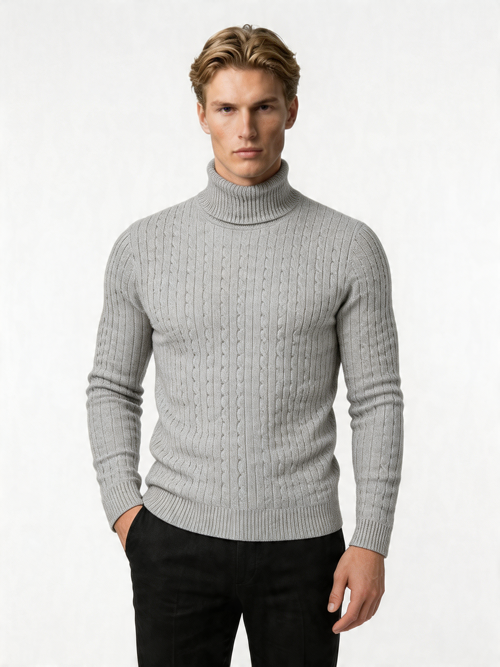 Men's Wool Turtleneck Sweater - Cable Knit Design, Slim Fit for Casual or Formal Wear