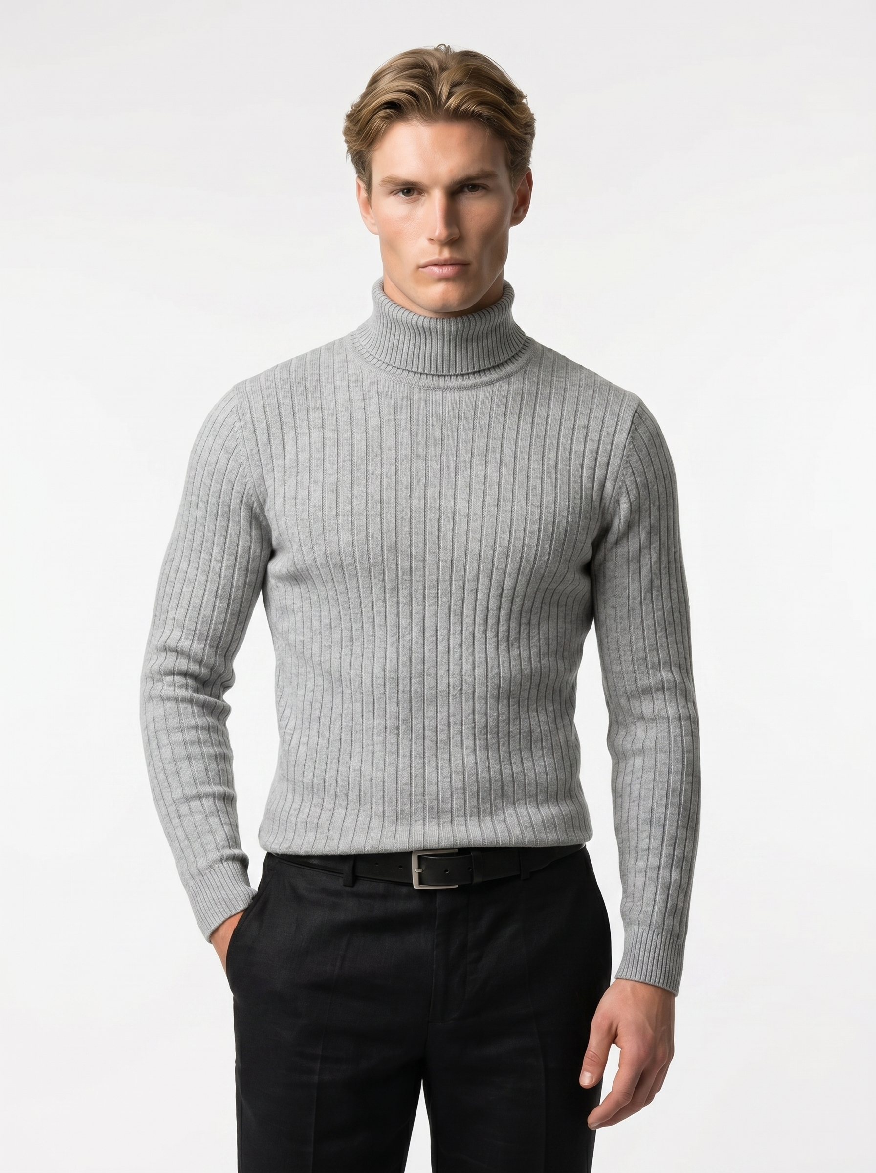 Men's Wool Turtleneck Sweater - Cable Knit Design, Slim Fit for Casual or Formal Wear