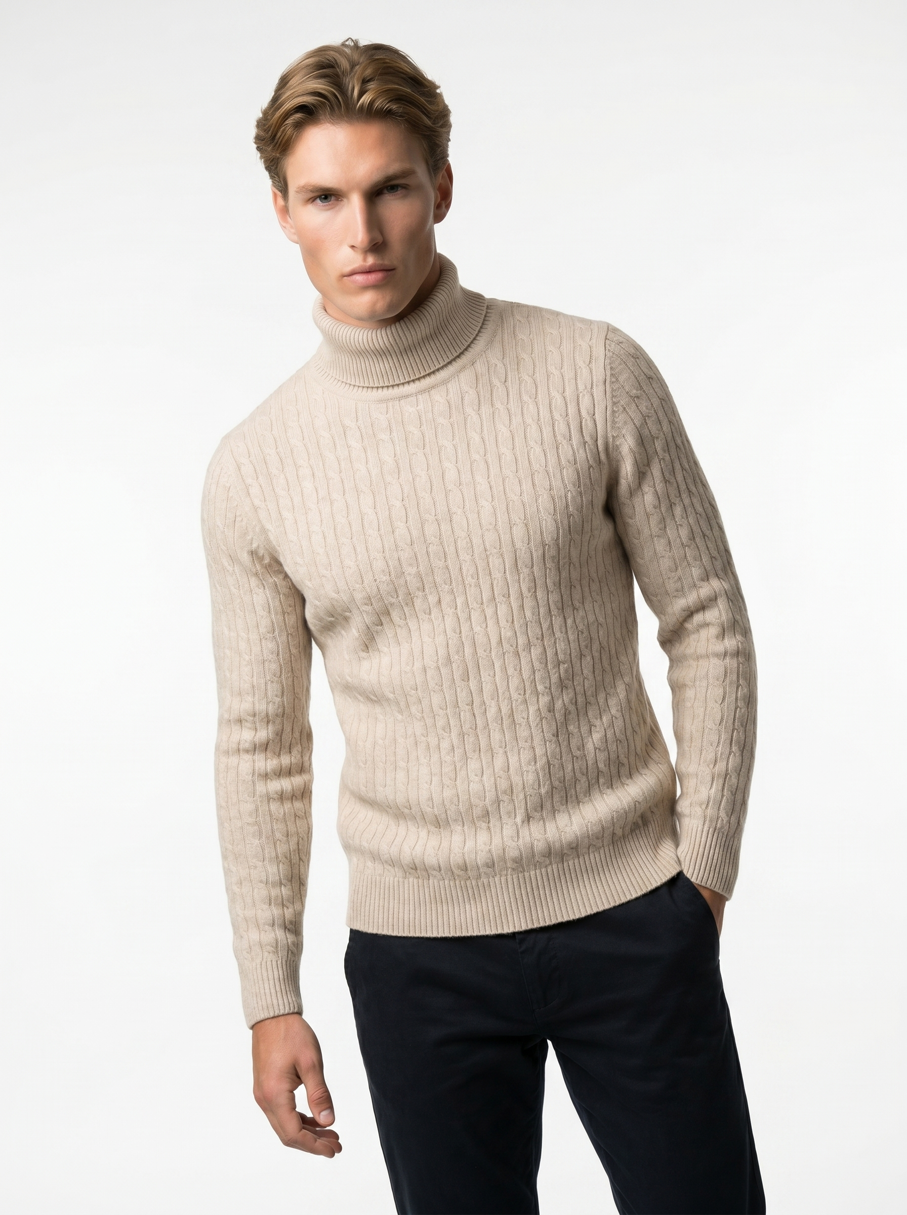 Men's Wool Turtleneck Sweater - Cable Knit Design, Slim Fit for Casual or Formal Wear