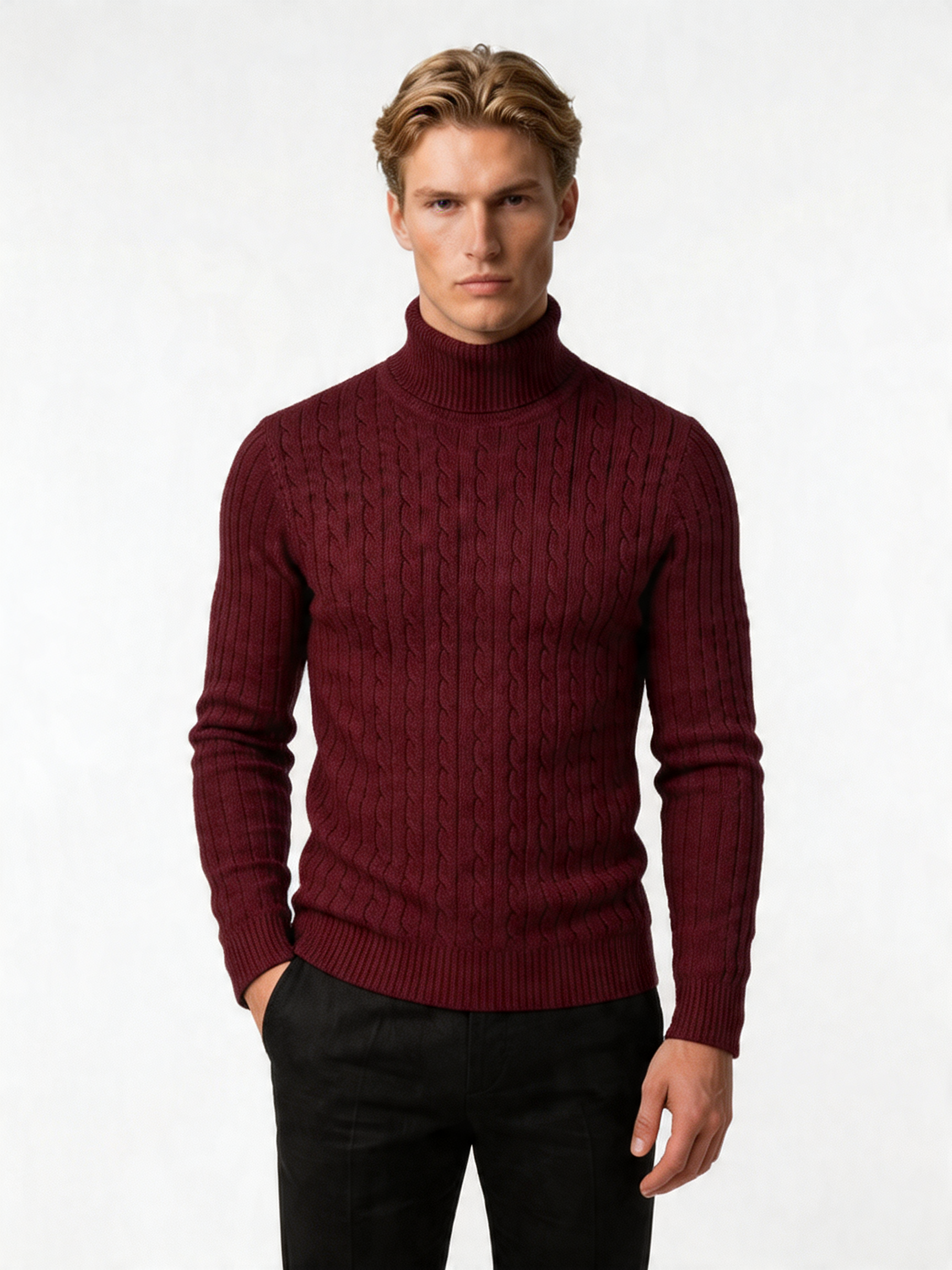 Men's Wool Turtleneck Sweater - Cable Knit Design, Slim Fit for Casual or Formal Wear