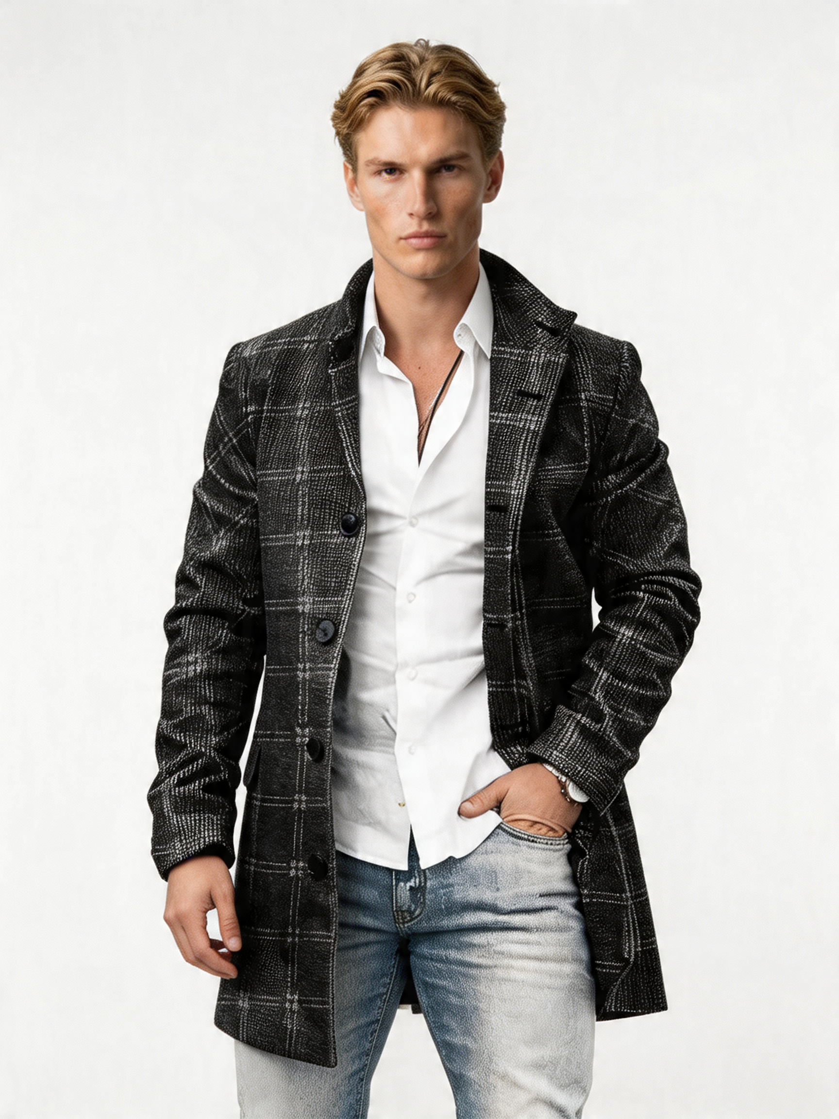 Houndstooth Checkered Wool Blend Long Coat | Stylish Overcoat for Men | Formal and Casual Wear