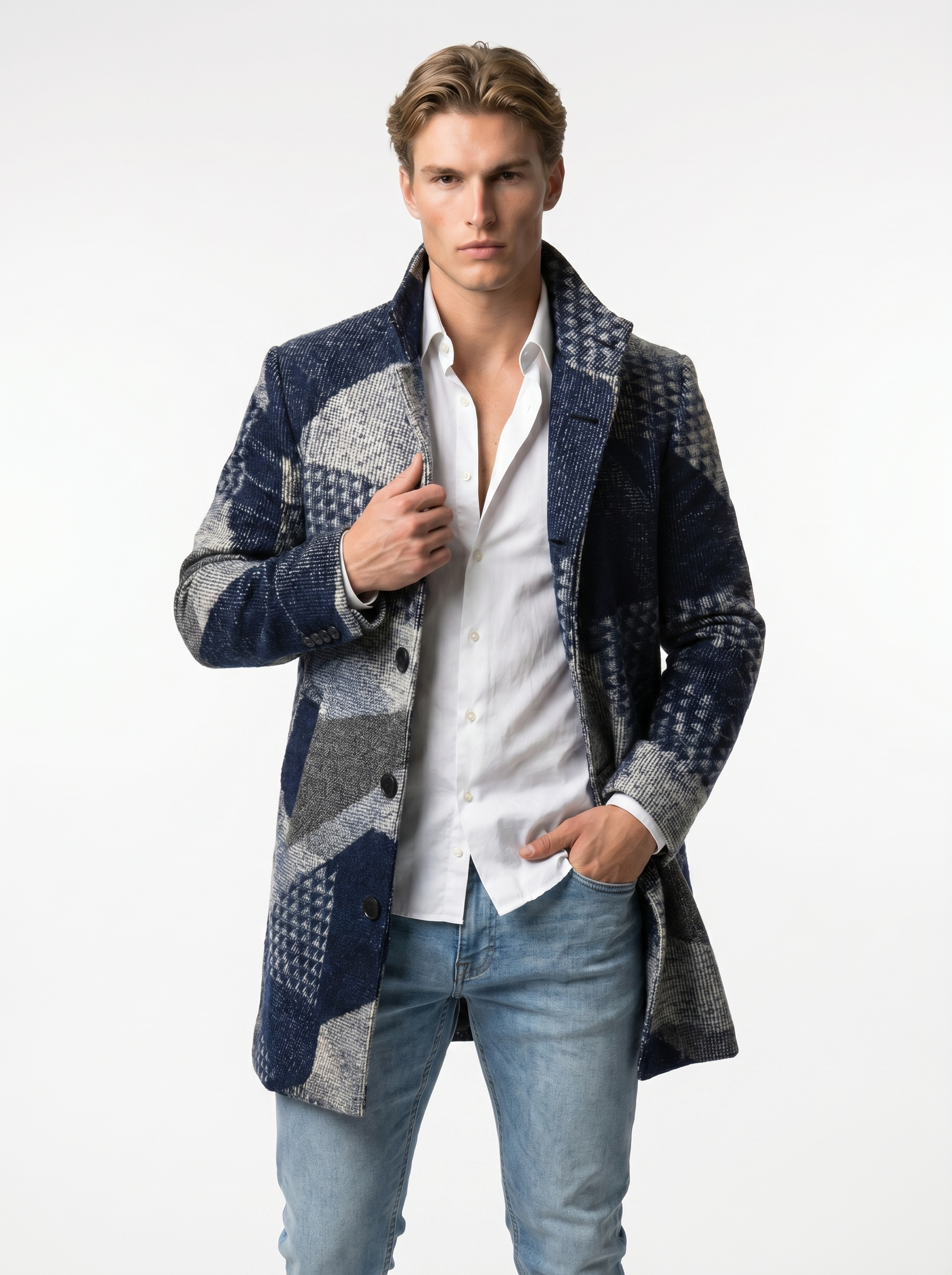 Houndstooth Checkered Wool Blend Long Coat | Stylish Overcoat for Men | Formal and Casual Wear