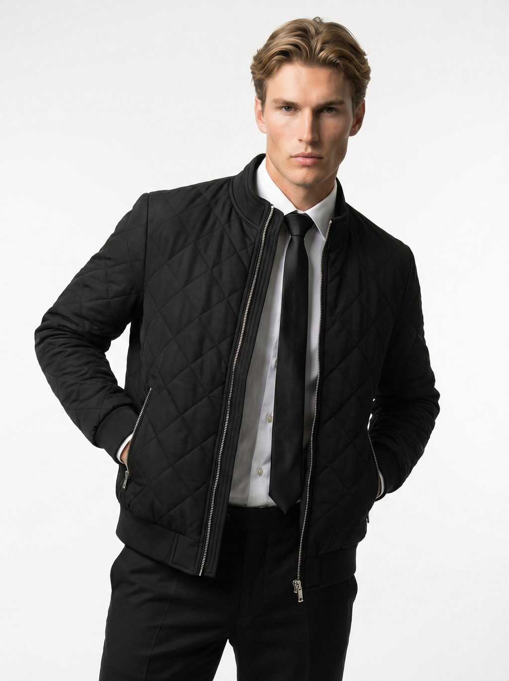 Men's Lightweight Insulated Bomber Jacket - Diamond Quilted Design for Casual Wear and Outdoor Activities