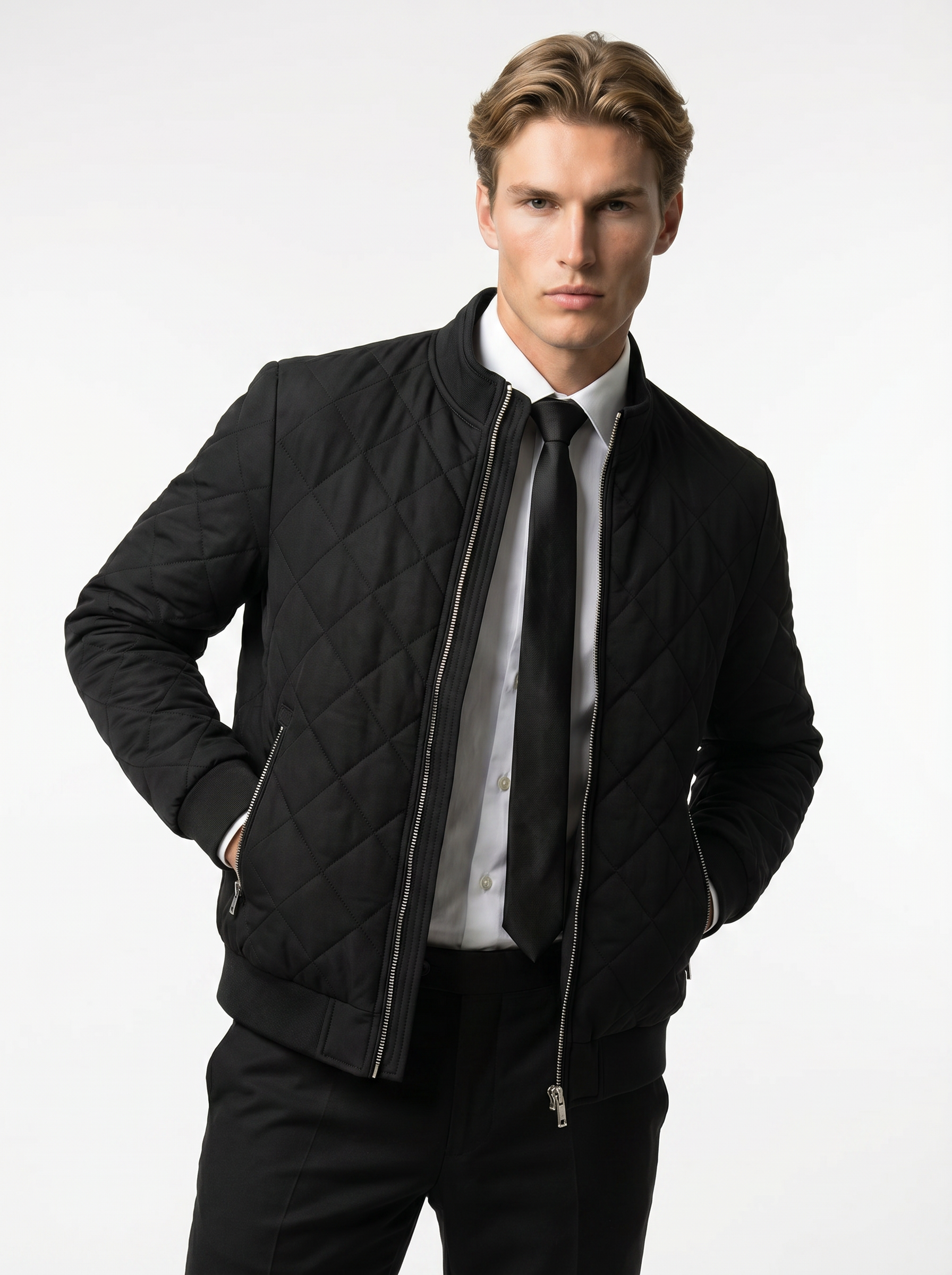 Men's Lightweight Insulated Bomber Jacket - Diamond Quilted Design for Casual Wear and Outdoor Activities