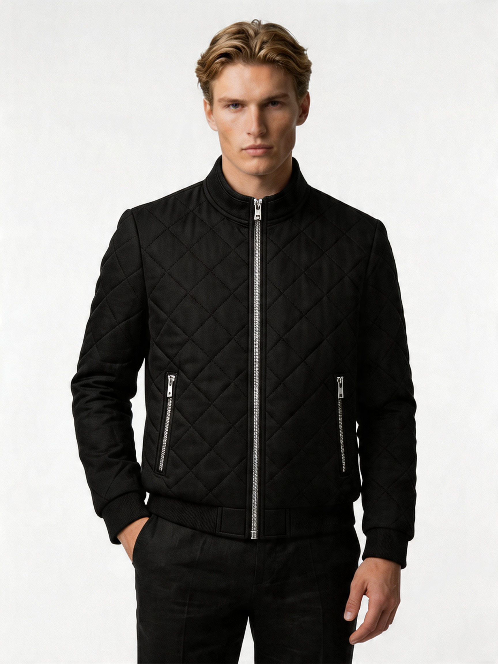 Men's Lightweight Insulated Bomber Jacket - Diamond Quilted Design for Casual Wear and Outdoor Activities