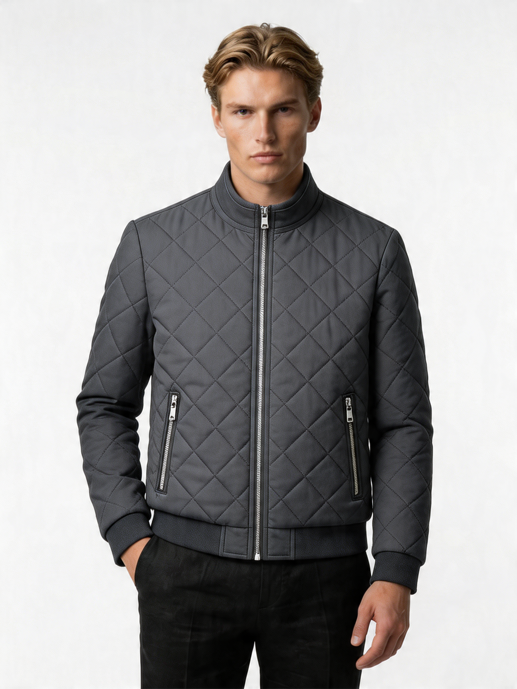 Men's Lightweight Insulated Bomber Jacket - Diamond Quilted Design for Casual Wear and Outdoor Activities